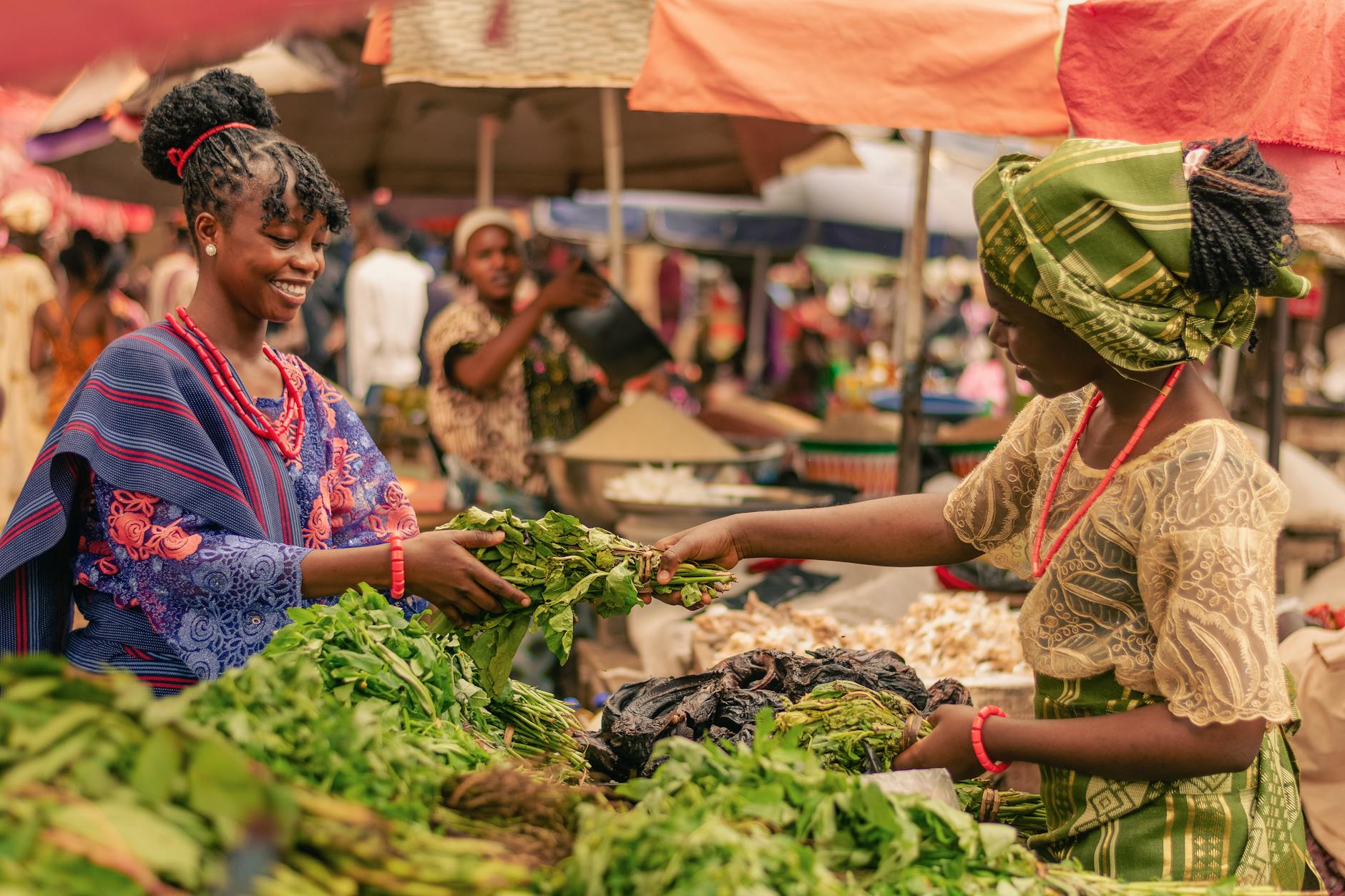 two women at vibrant outdoor market exchanging produce